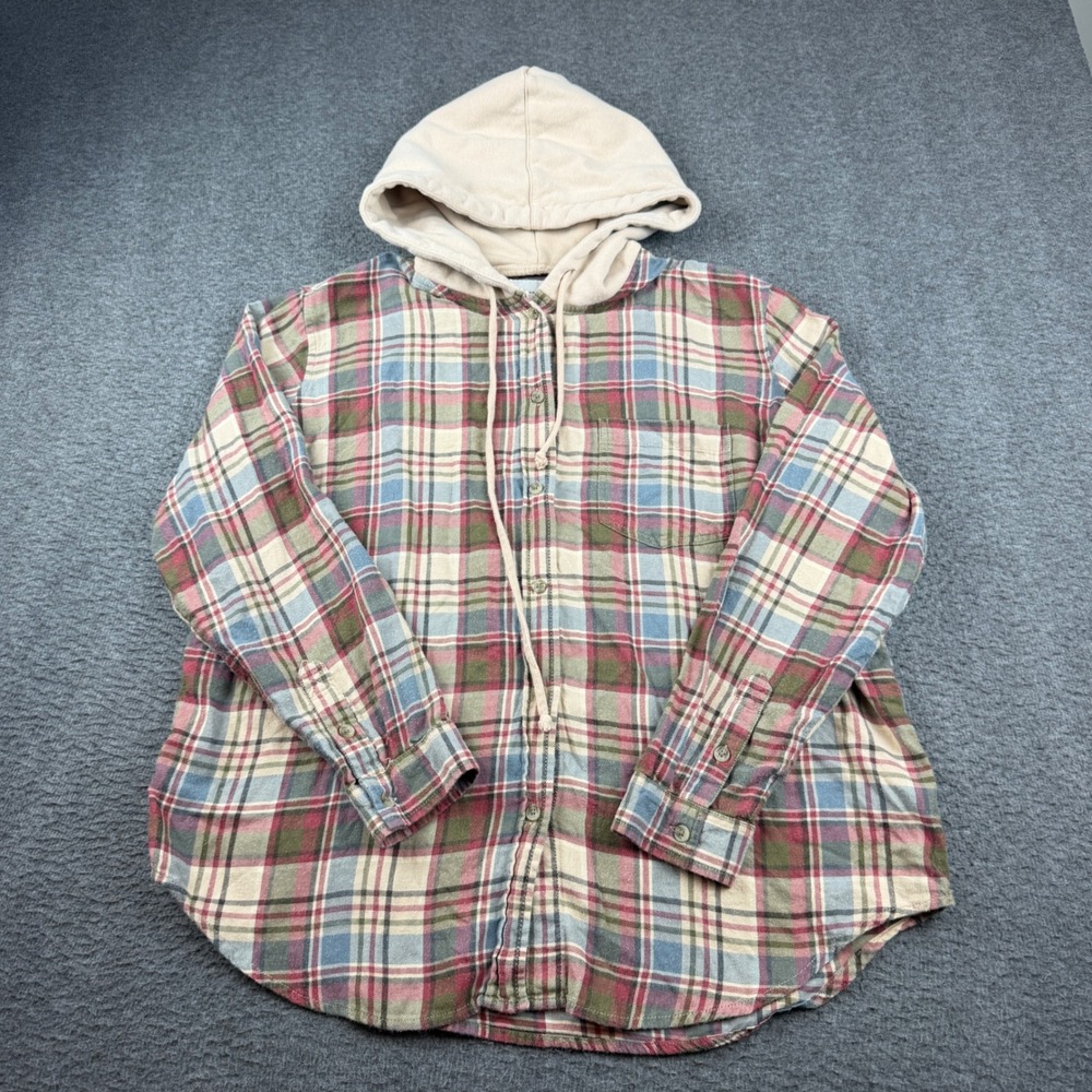 American Eagle Hooded Flannel Shirt Women's Small Multicolor Plaid Button Down
